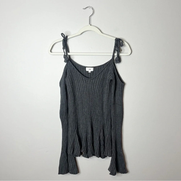 LPA Revolve Tassel Tie Cold Shoulder Ribbed Gray Sweater 223 - Picture 2 of 9